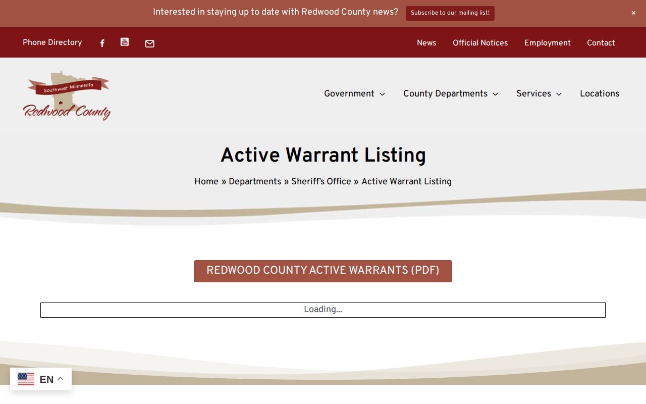 Redwood County official active warrant record page